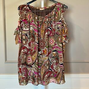 Gibson Latimer 2X Paisley Top Blouse Ruffle Pink Cold Shoulder Peasant Boho